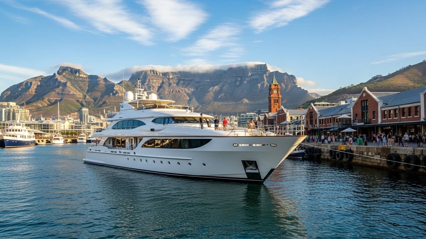 Harbour cruise boat at the V&A Waterfront in Cape Town with Table Mountain in the background